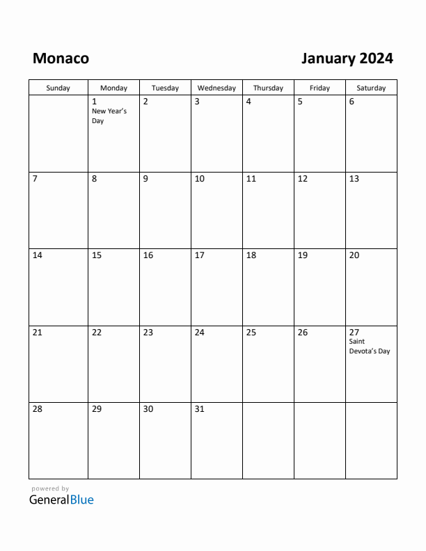 Free Printable January 2024 Calendar for Monaco