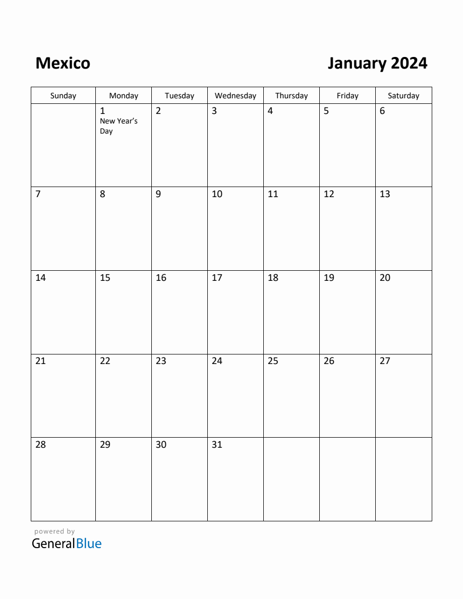 Free Printable January 2024 Calendar for Mexico