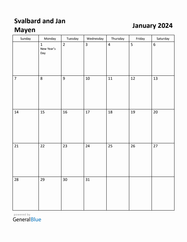 January 2024 Calendar with Svalbard and Jan Mayen Holidays