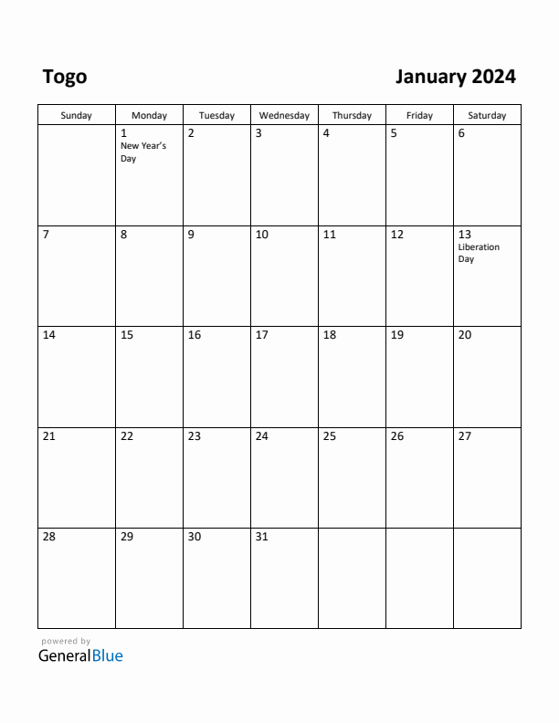 January 2024 Calendar with Togo Holidays