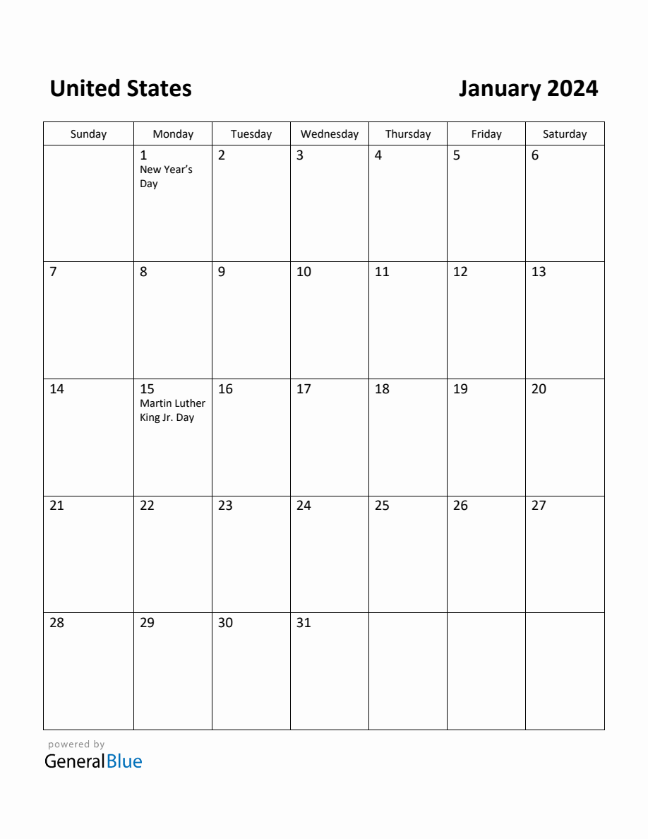 Free Printable January 2024 Calendar for United States