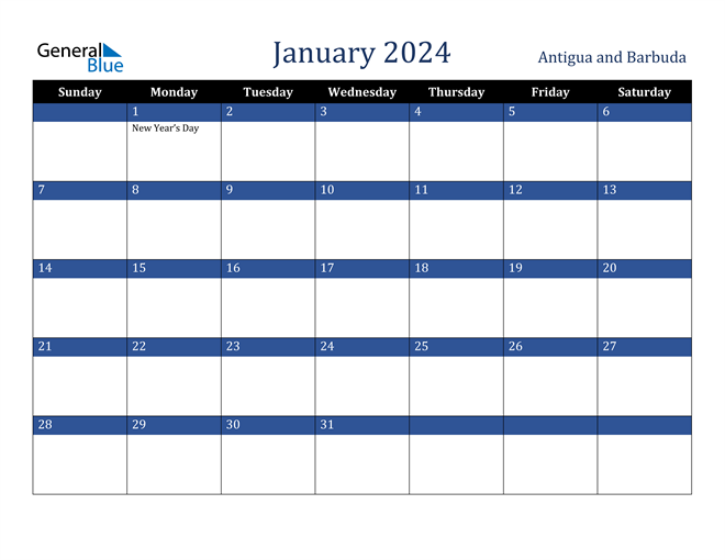 January 2024 Calendar with Antigua and Barbuda Holidays