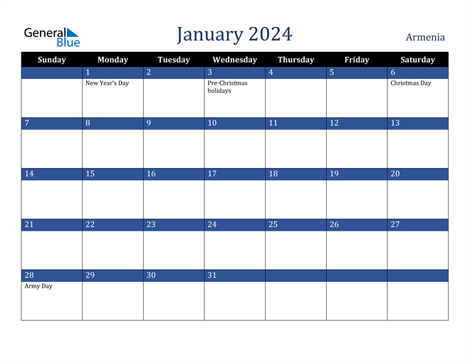 January 2024 Armenia Calendar