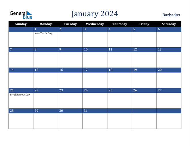 January 2024 Calendar with Barbados Holidays