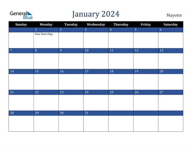 Mayotte January 2024 Calendar with Holidays