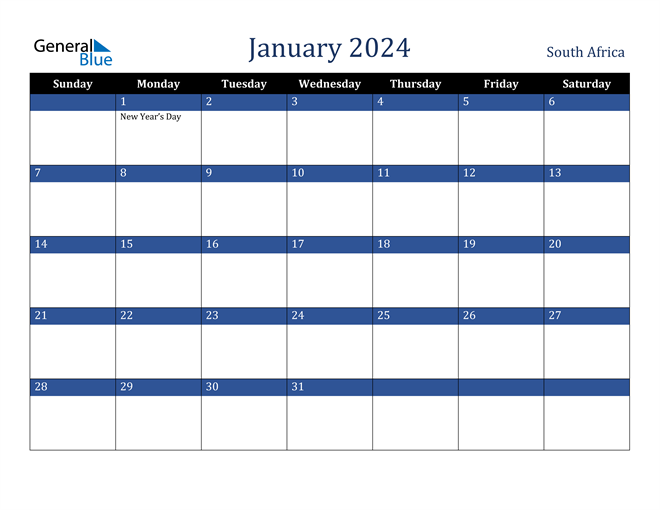 South Africa January 2024 Calendar with Holidays