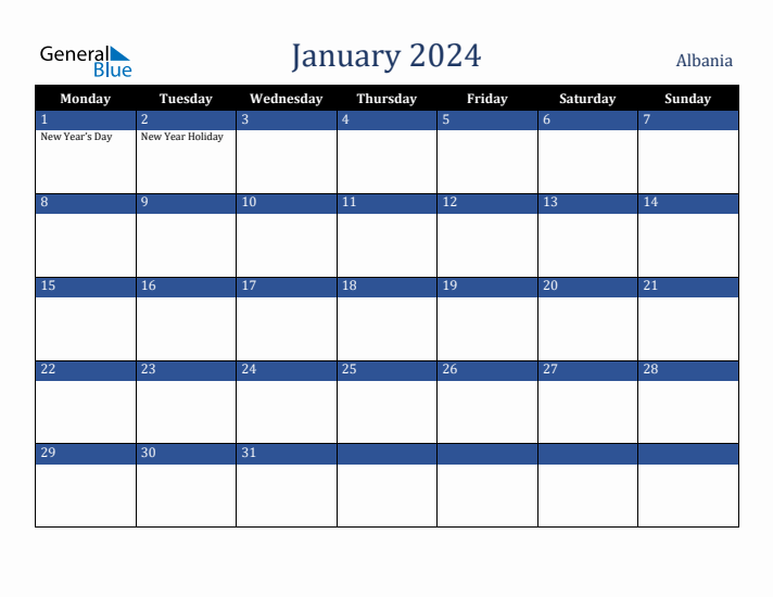 January 2024 Albania Calendar (Monday Start)