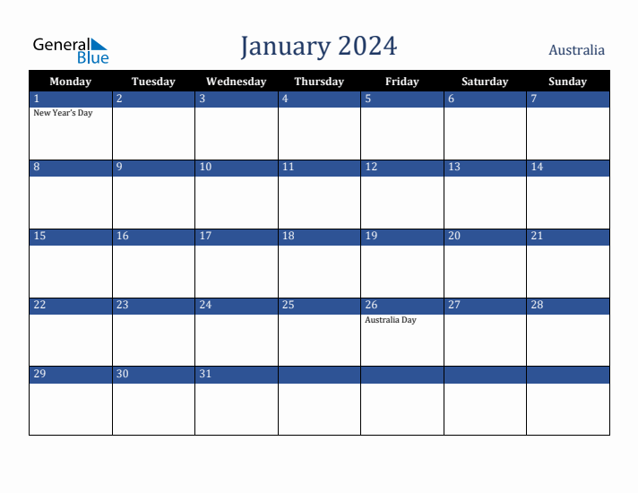 January 2024 Australia Calendar (Monday Start)
