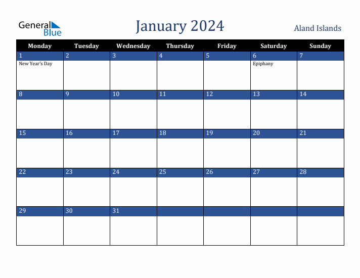 January 2024 Aland Islands Calendar (Monday Start)