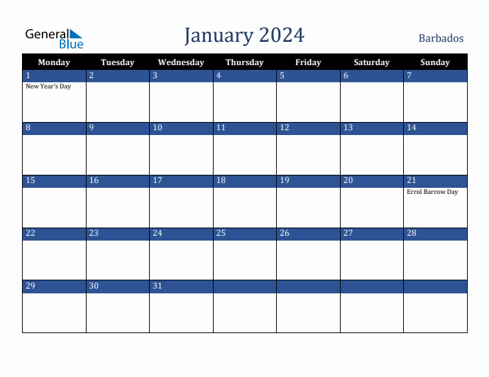 January 2024 Barbados Calendar (Monday Start)