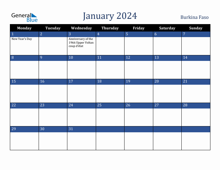 January 2024 Burkina Faso Calendar (Monday Start)