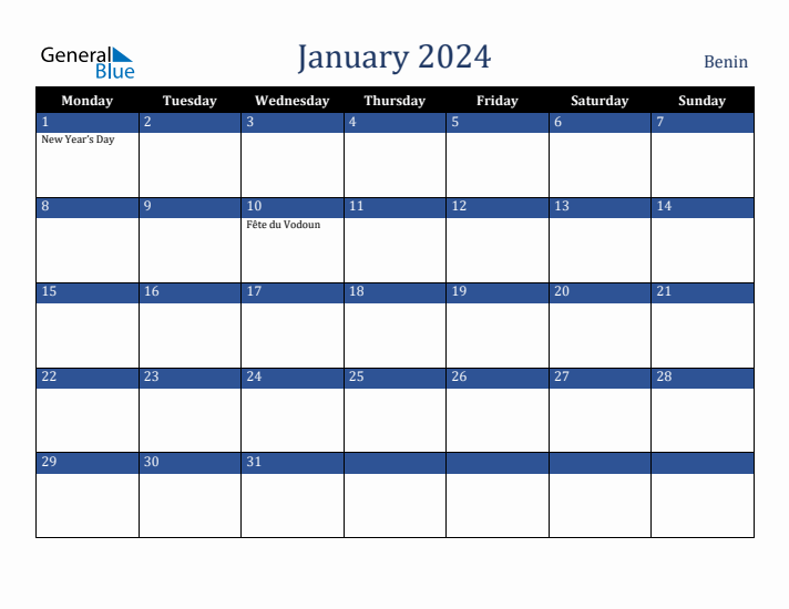 January 2024 Benin Calendar (Monday Start)