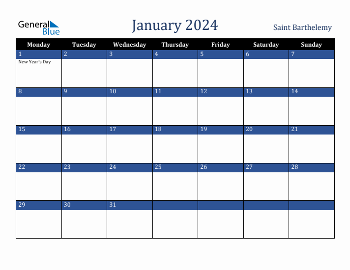 January 2024 Saint Barthelemy Calendar (Monday Start)