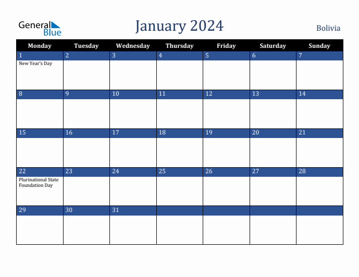 January 2024 Bolivia Calendar (Monday Start)