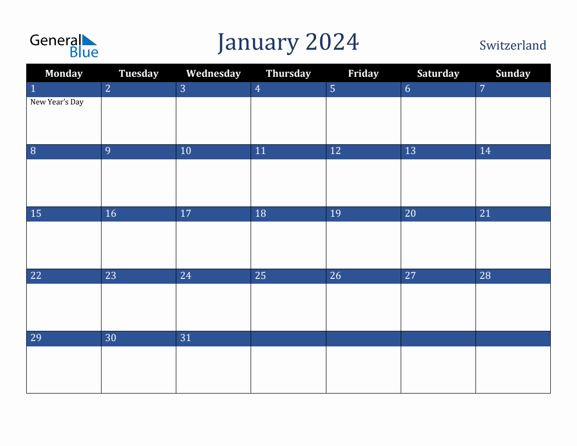 January 2024 Switzerland Holiday Calendar