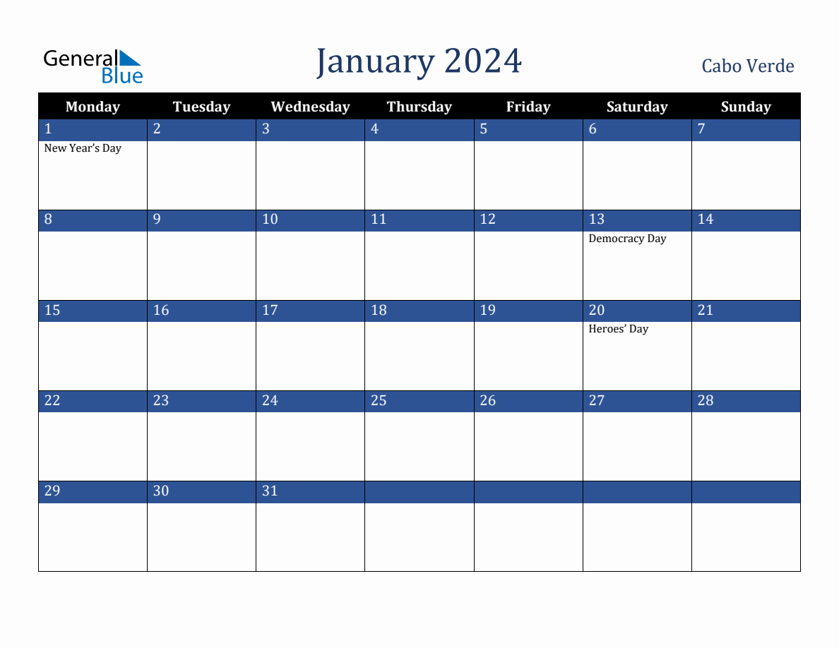 January 2024 Cabo Verde Holiday Calendar
