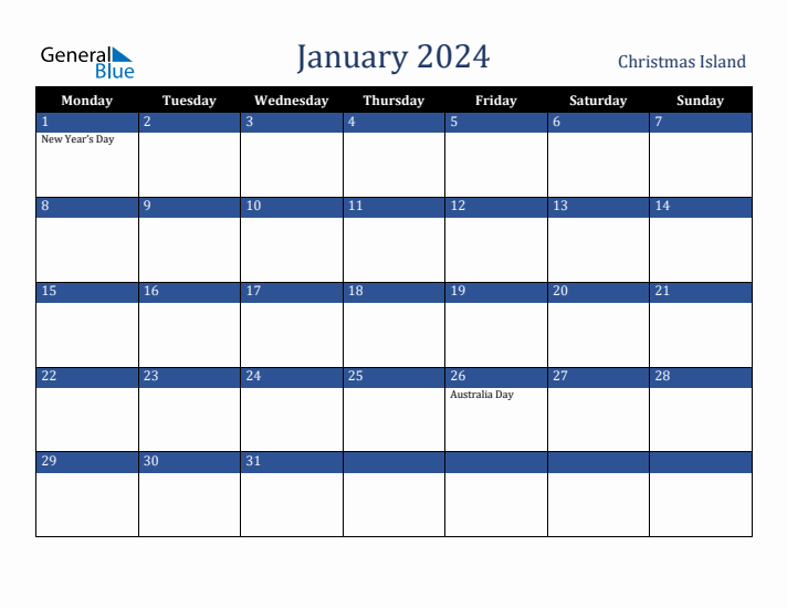 January 2024 Christmas Island Calendar (Monday Start)