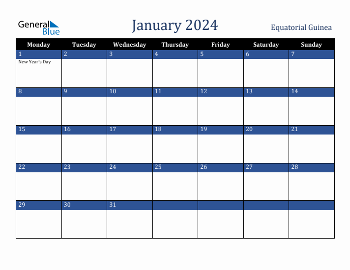 January 2024 Equatorial Guinea Calendar (Monday Start)