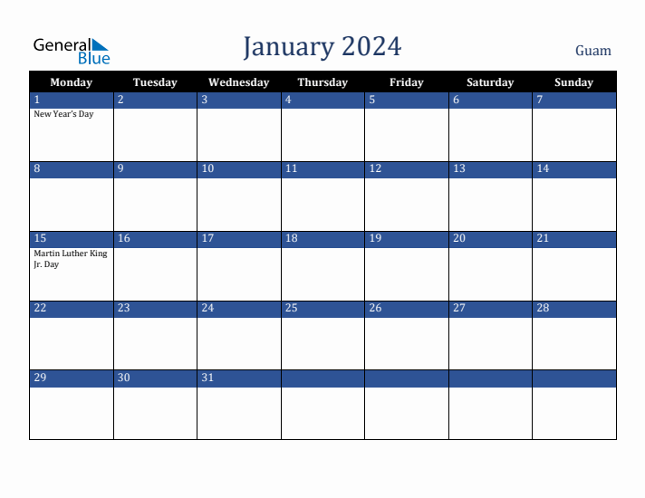 January 2024 Guam Calendar (Monday Start)