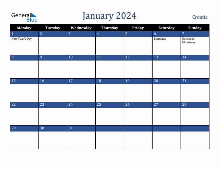 January 2024 Croatia Calendar (Monday Start)