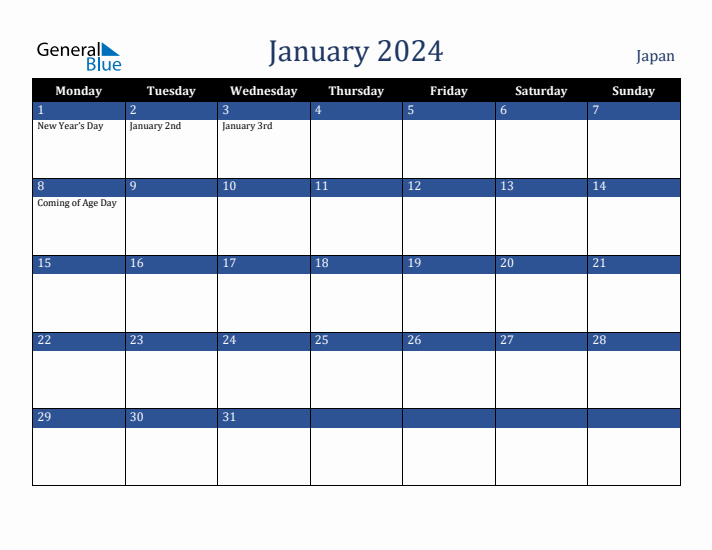 January 2024 Japan Calendar (Monday Start)