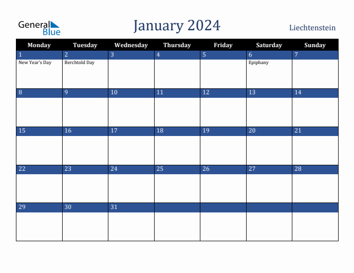 January 2024 Liechtenstein Calendar (Monday Start)
