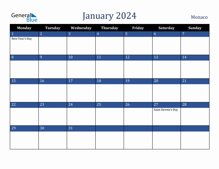 January 2024 Monaco Calendar (Monday Start)