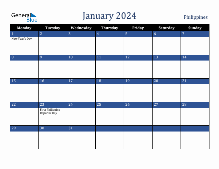 January 2024 Philippines Calendar (Monday Start)