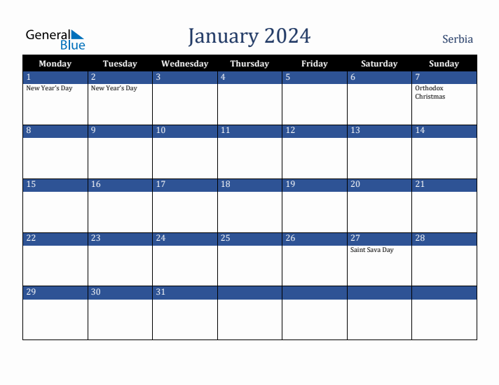 January 2024 Serbia Calendar (Monday Start)