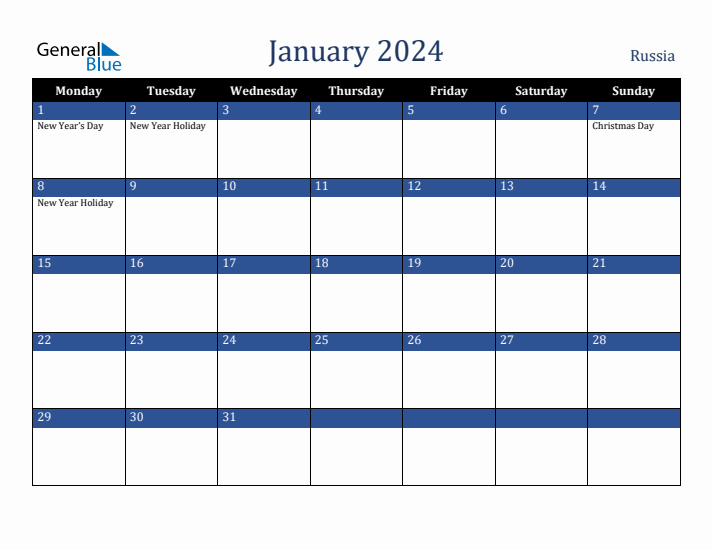 January 2024 Russia Calendar (Monday Start)
