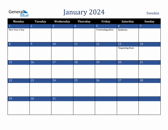 January 2024 Sweden Calendar (Monday Start)