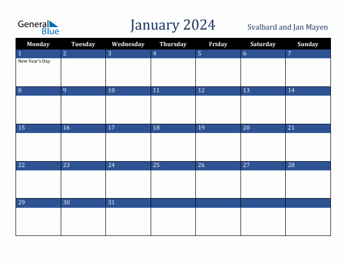 January 2024 Svalbard and Jan Mayen Calendar (Monday Start)