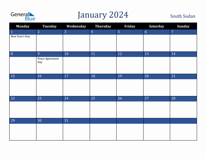 January 2024 South Sudan Calendar (Monday Start)