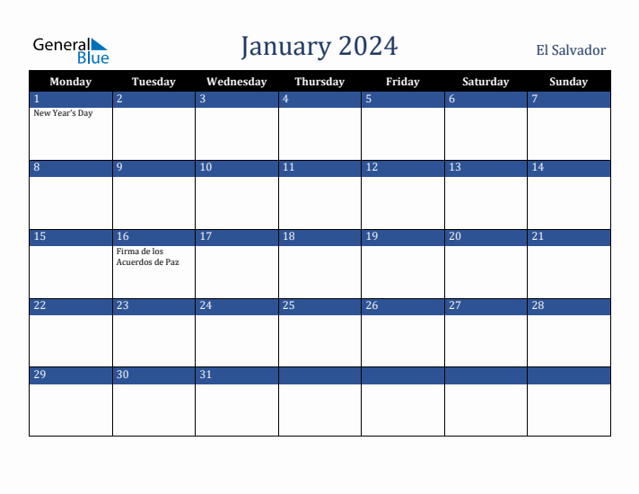 January 2024 El Salvador Calendar (Monday Start)