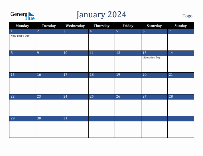 January 2024 Togo Calendar (Monday Start)