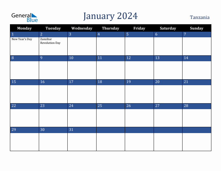 January 2024 Tanzania Calendar (Monday Start)