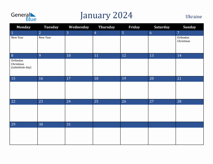 January 2024 Ukraine Calendar (Monday Start)