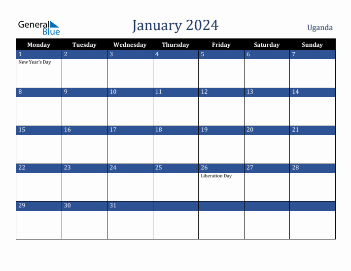 January 2024 Uganda Calendar (Monday Start)