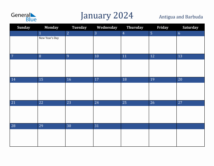January 2024 Antigua and Barbuda Calendar (Sunday Start)