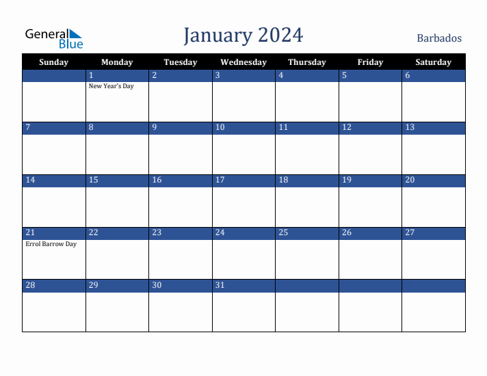 January 2024 Barbados Calendar (Sunday Start)