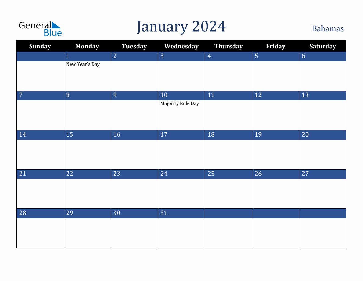 January 2024 Bahamas Holiday Calendar