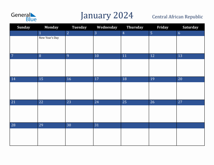 January 2024 Central African Republic Calendar (Sunday Start)