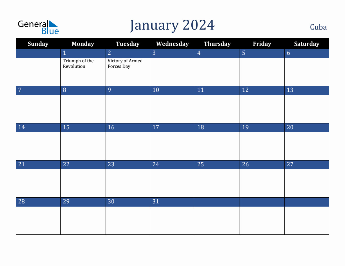 January 2024 Cuba Holiday Calendar