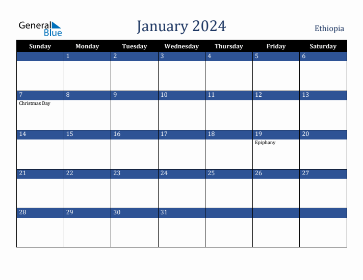 January 2024 Ethiopia Calendar (Sunday Start)