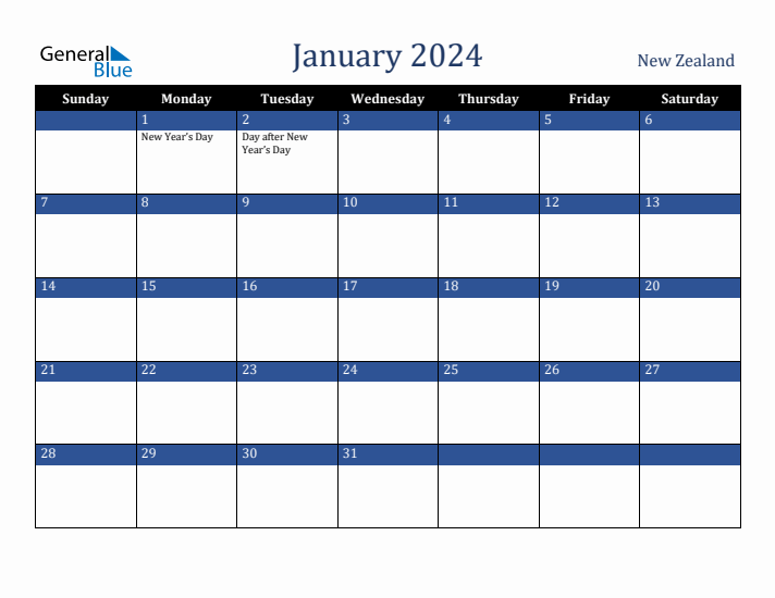 January 2024 New Zealand Calendar (Sunday Start)