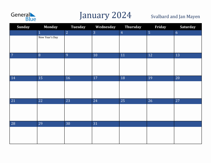 January 2024 Svalbard and Jan Mayen Calendar (Sunday Start)