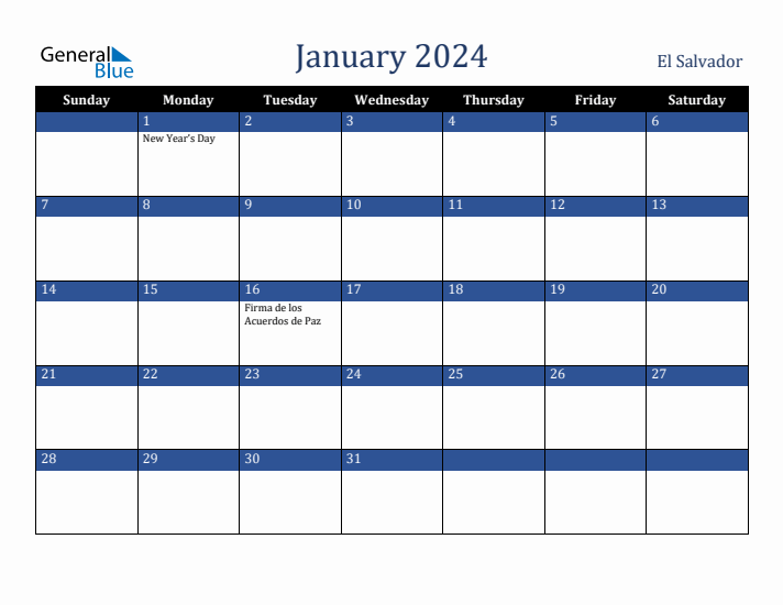 January 2024 El Salvador Calendar (Sunday Start)