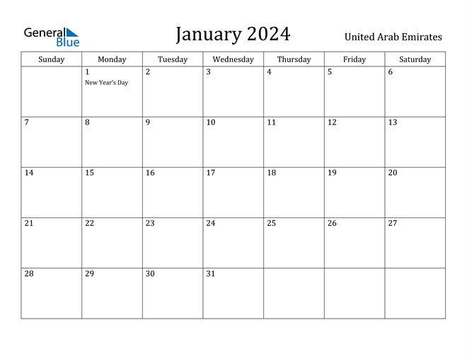 January 2024 Calendar with United Arab Emirates Holidays