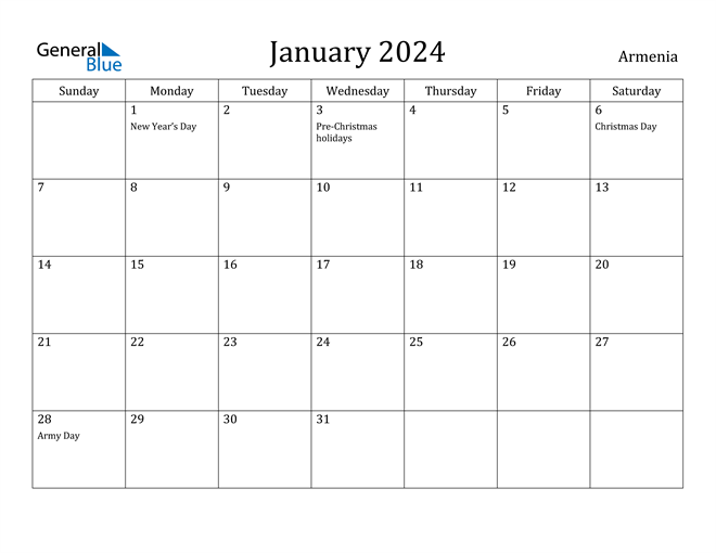 January 2024 Calendar Armenia