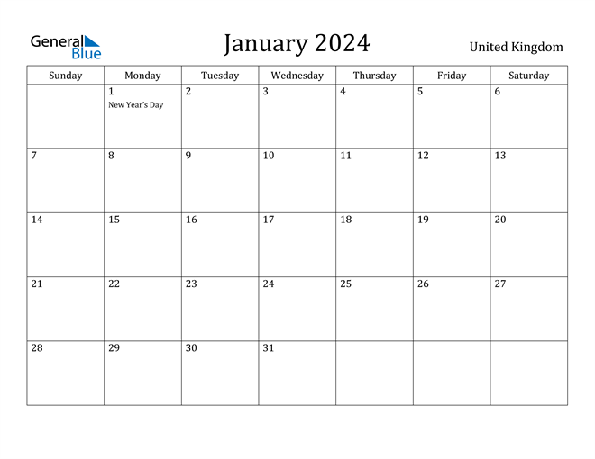 January 2024 Calendar with United Kingdom Holidays